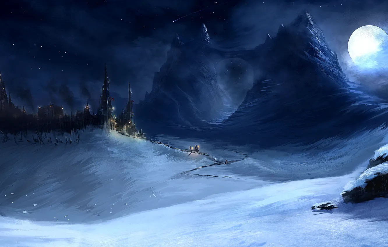 Фото обои снег, горы, ночь, огни, замок, луна