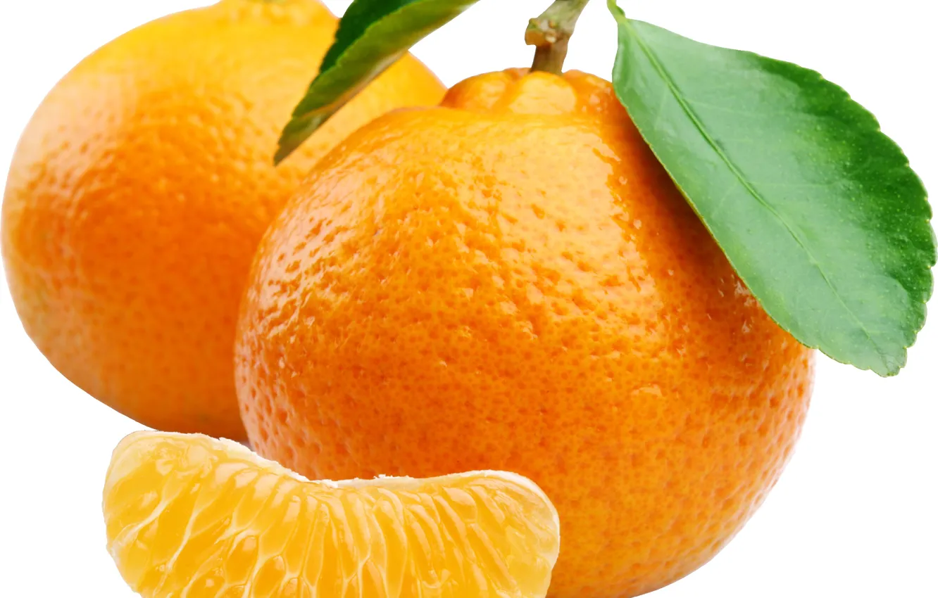 Фото обои макро, лист, апельсин, долька, цитрус