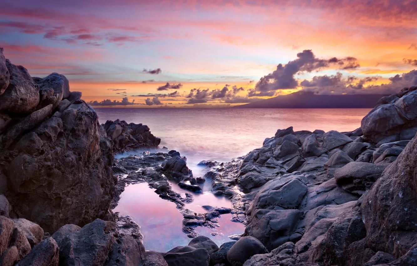 Фото обои закат, океан, скалы, побережье, Hawaii, Maui