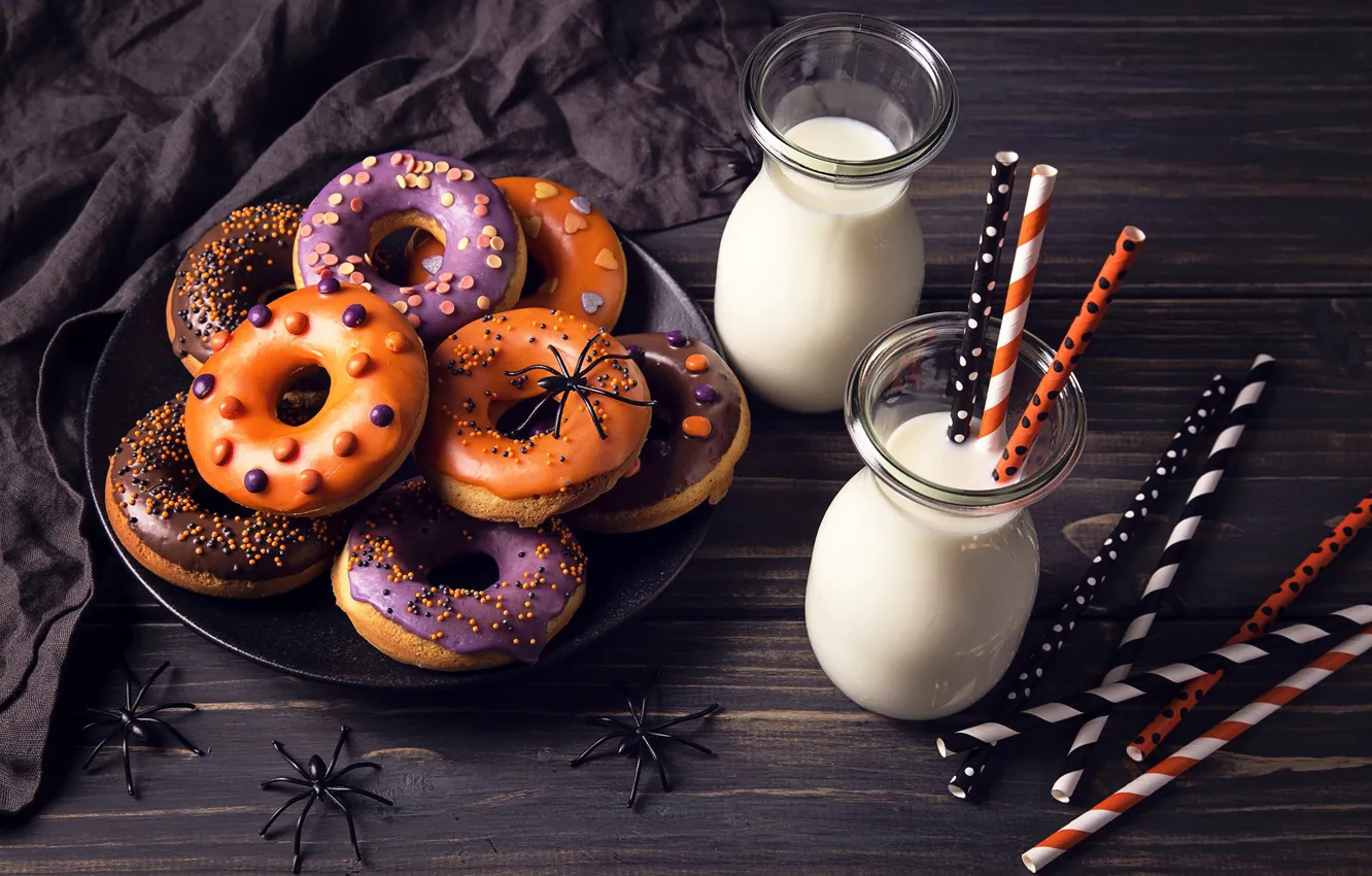 Фото обои пауки, молоко, Halloween, Хэллоуин, пончики, выпечка, сладкое, sweet