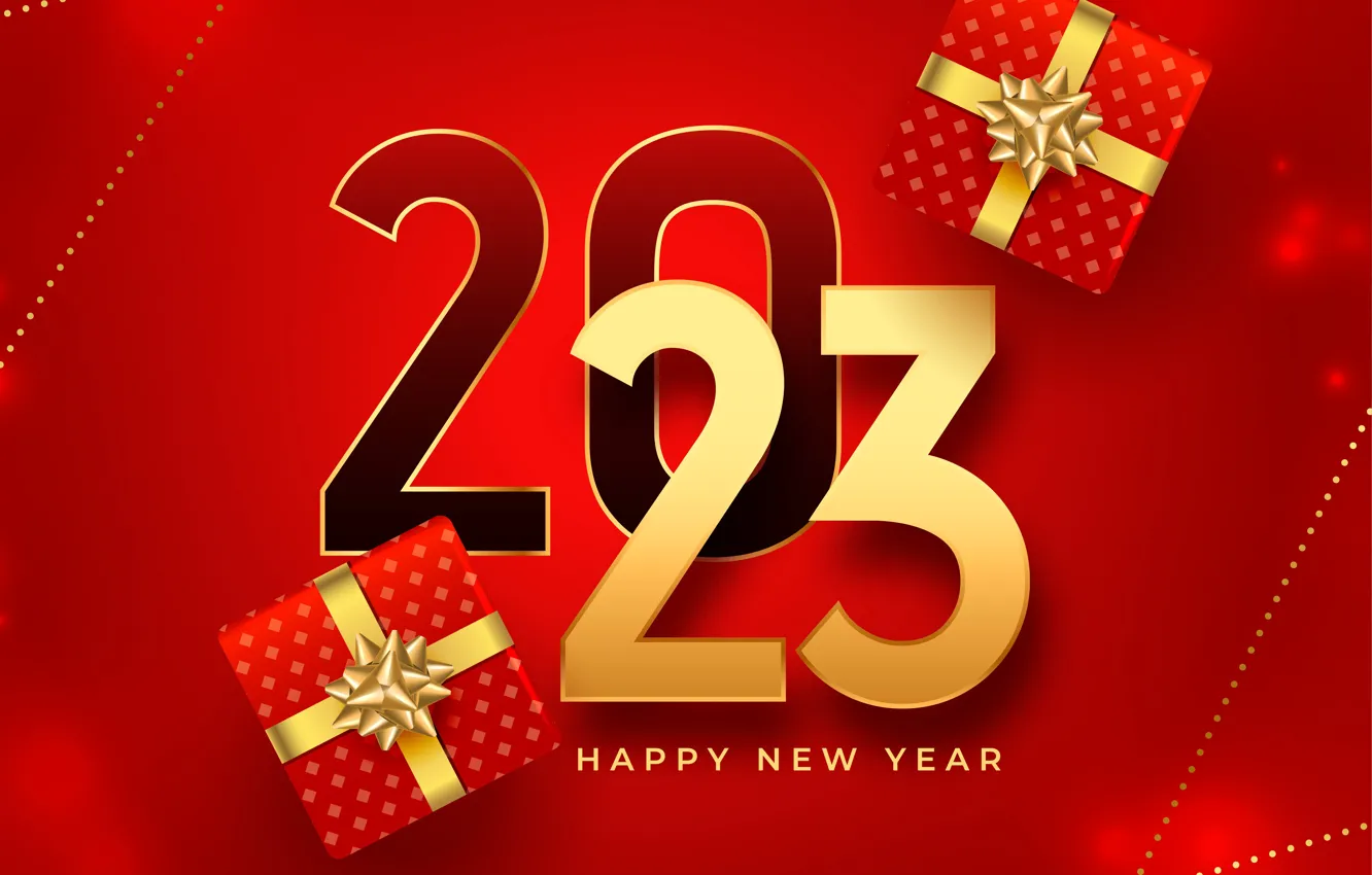 Фото обои линии, надпись, точки, цифры, подарки, Новый год, бантики, красный фон