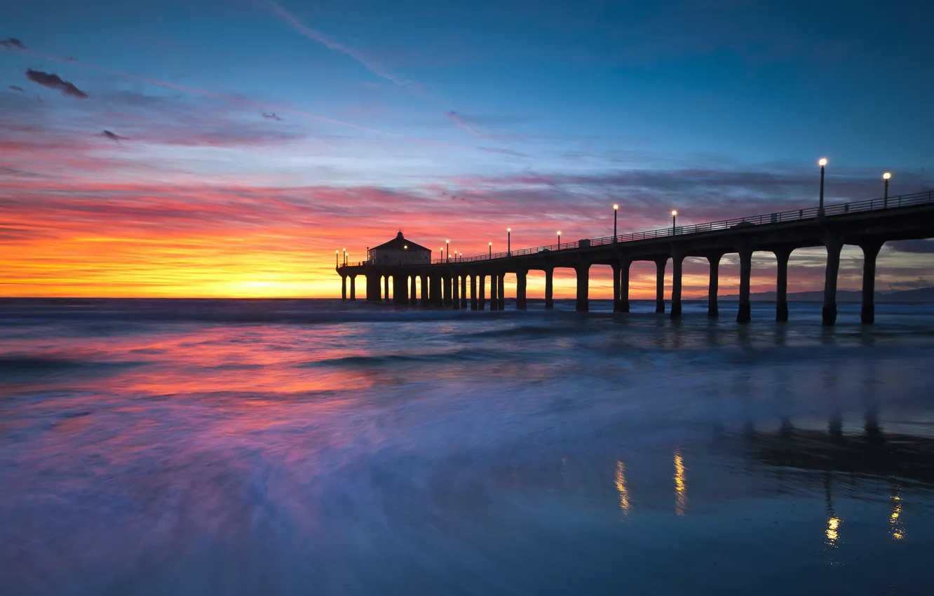 Фото обои пейзаж, закат, мост, United States, California, Manhattan Beach, Sand Section