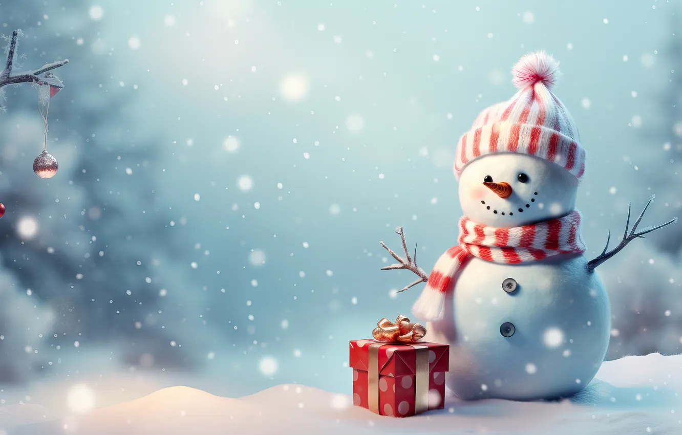 Фото обои зима, снег, Рождество, Новый год, снеговик, Christmas, winter, snow