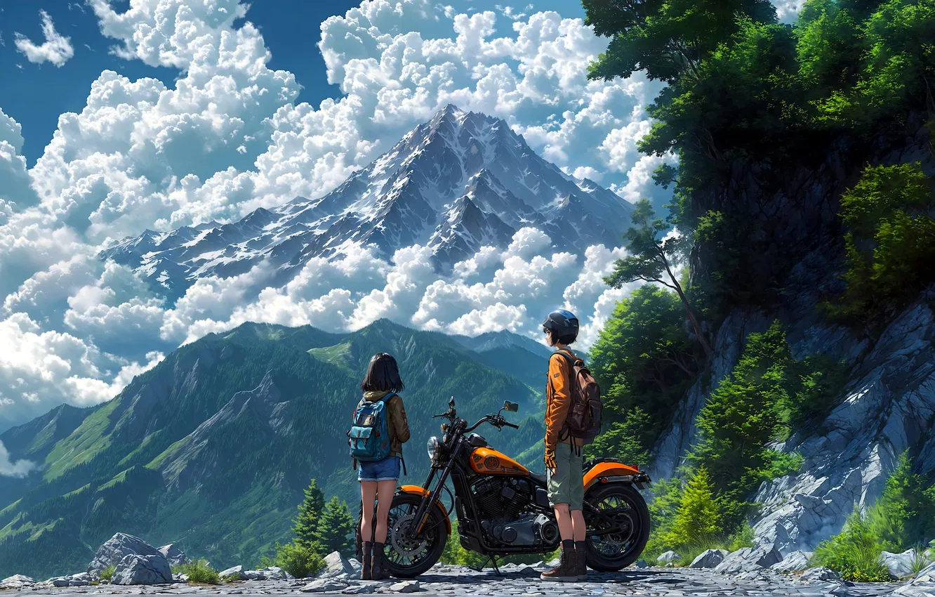 Фото обои girl, bike, anime, boy, peaks
