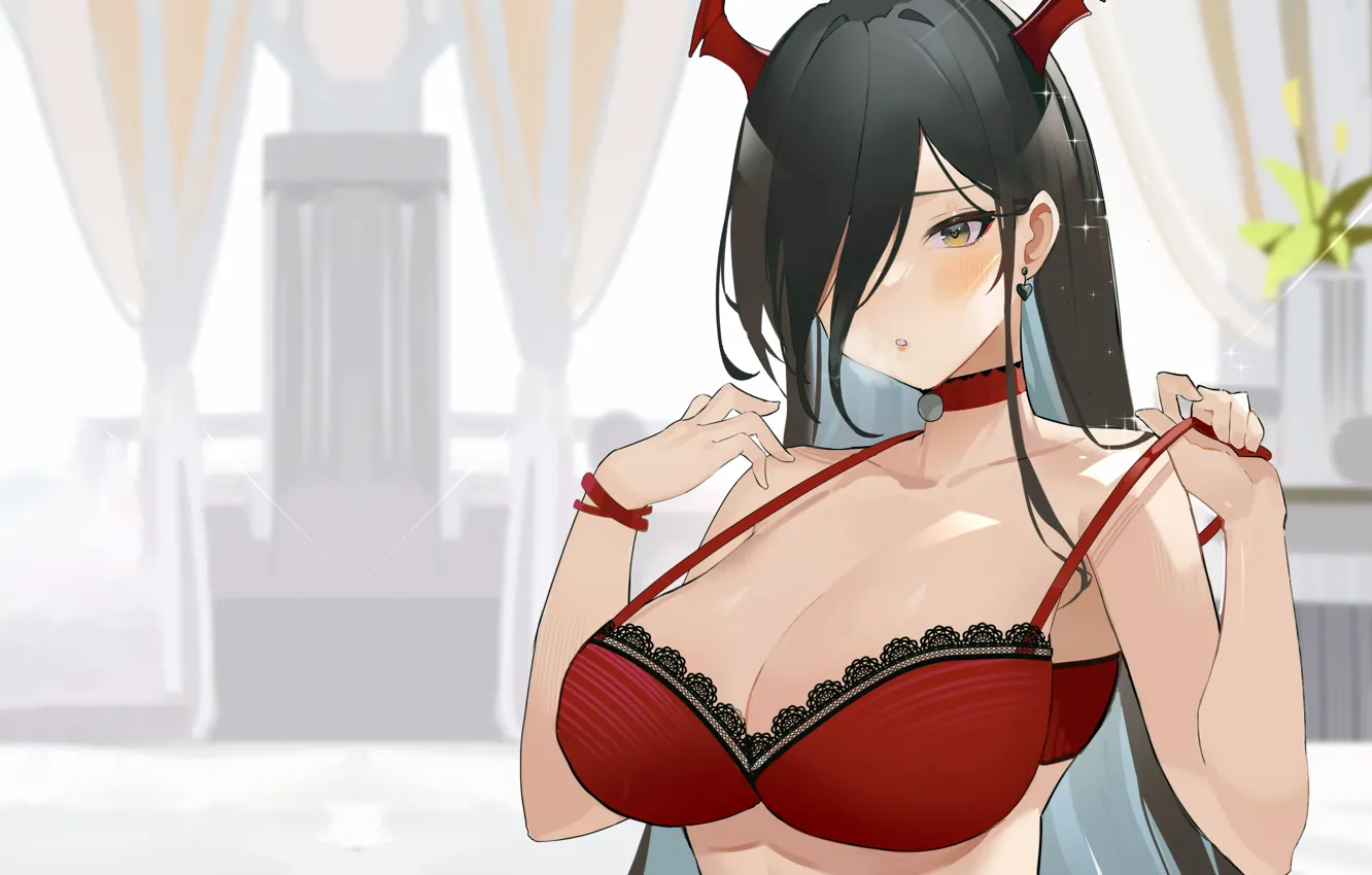 Фото обои girl, sexy, lingerie, bra, cleavage, long hair, boobs, anime