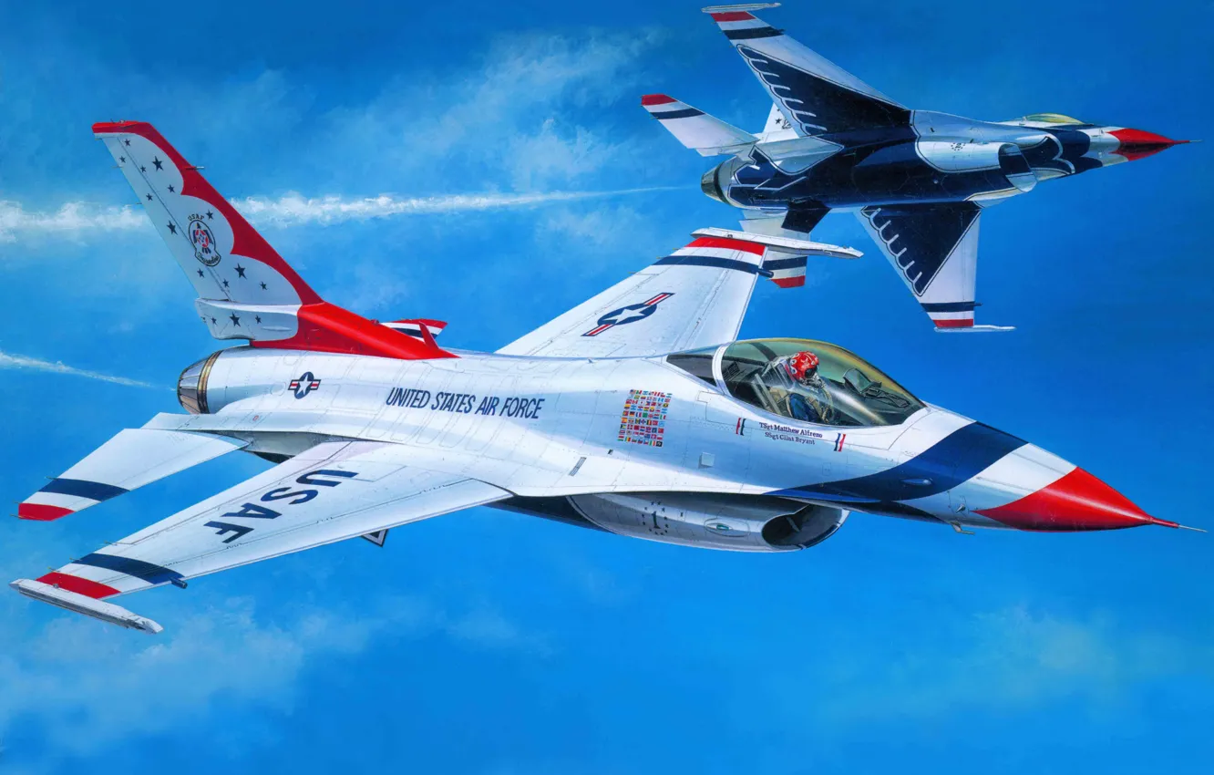 Фото обои самолет, истребитель, арт, США, ВВС, Air, Буревестники, Thunderbirds