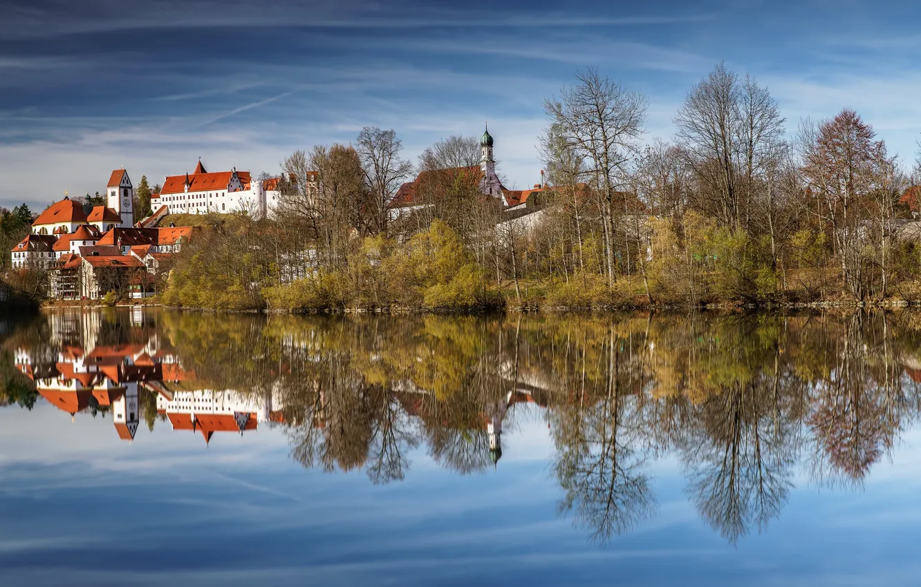 Фото обои осень, деревья, озеро, дома, Германия, Бавария, Фюссен