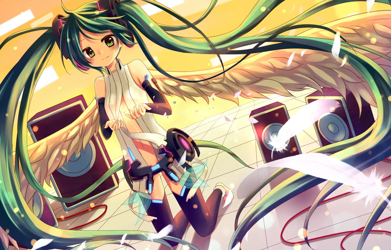 Фото обои девушка, провода, крылья, перья, арт, vocaloid, hatsune miku, вокалоид