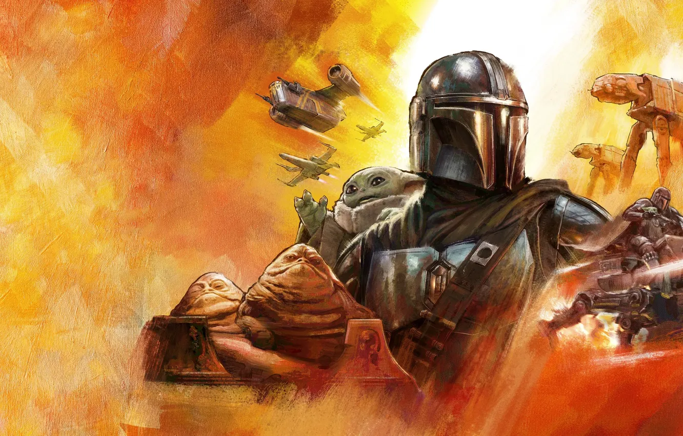 Фото обои фантастика, рисунок, арт, постер, Мандалорец и Грогу, The Mandalorian & Grogu