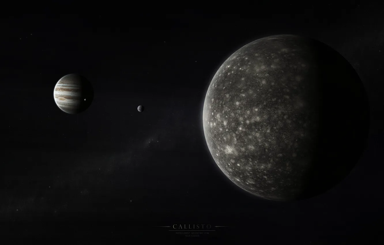 Фото обои юпитер, солнечная система, млечный путь, спутники, газовый гигант, каллисто