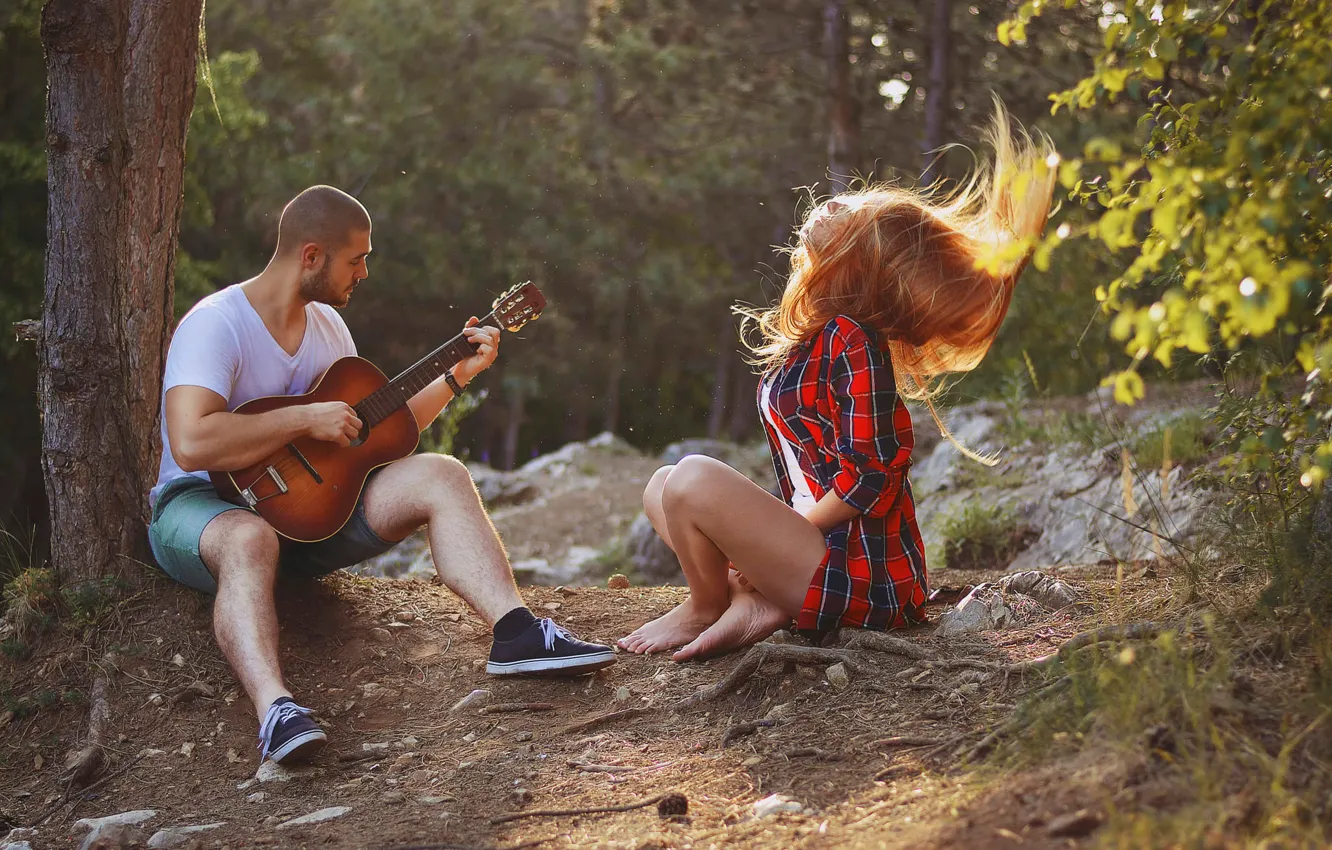 Фото обои девушка, гитара, парень, песня
