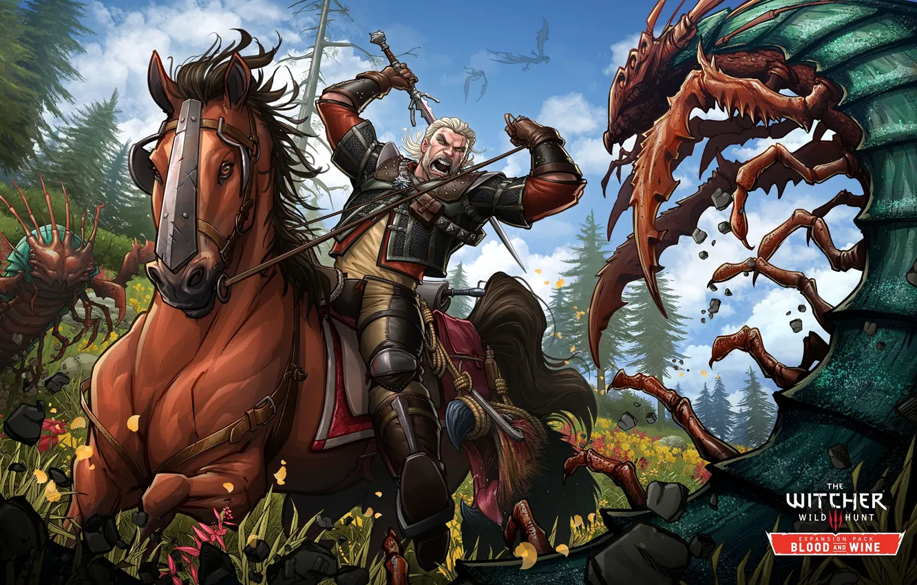 Фото обои атака, лошадь, меч, ведьмак, art, Witcher, Gwynbleidd, Patrick Brown