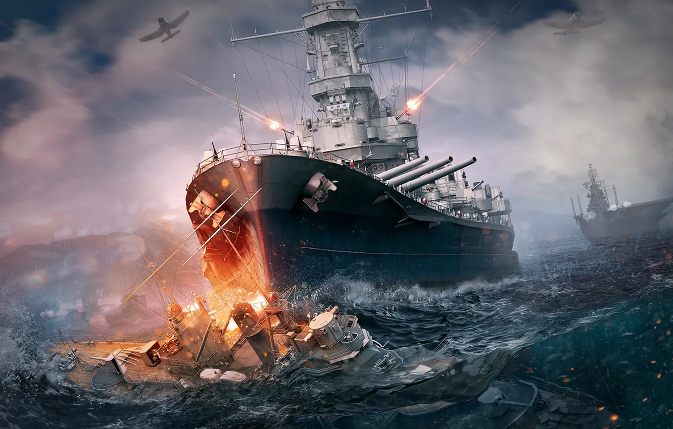 Фото обои military, war, warship, ship, digital art, artwork, World War II, ocean battle