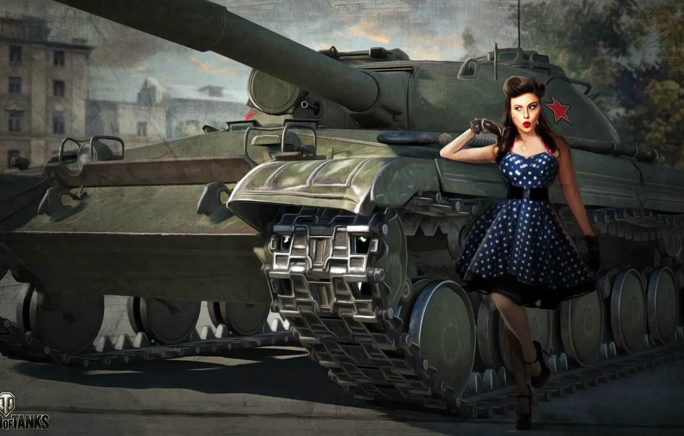 Фото обои девушка, рисунок, арт, танк, советский, средний, World of Tanks, Объект 430