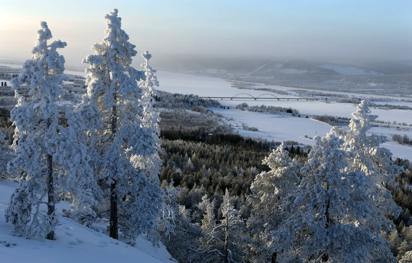 Фото обои зима, снег, река, Finland, Lapland, Ylitornio