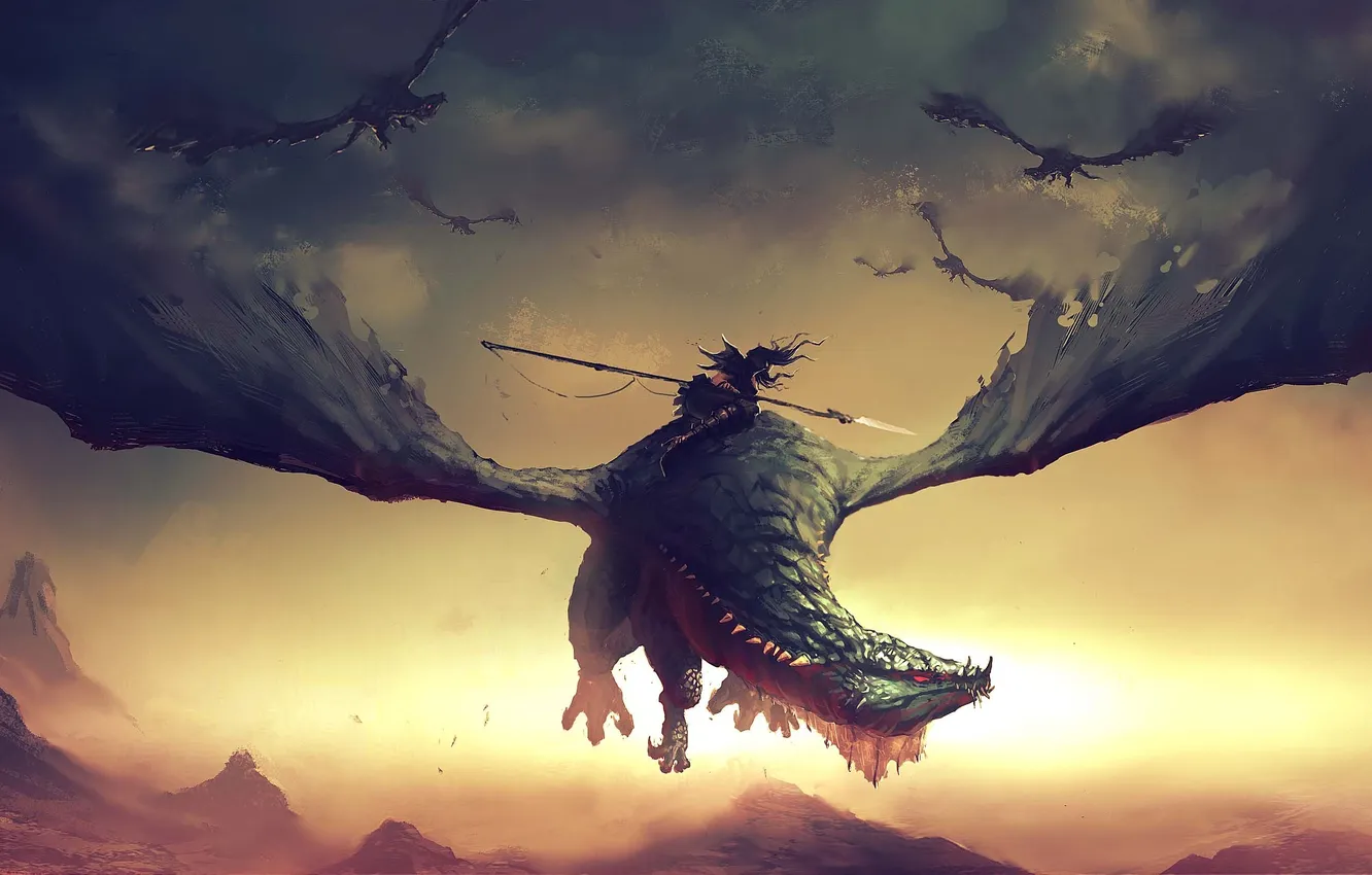 Фото обои девушка, полет, скалы, крылья, драконы, арт, наездник, копье