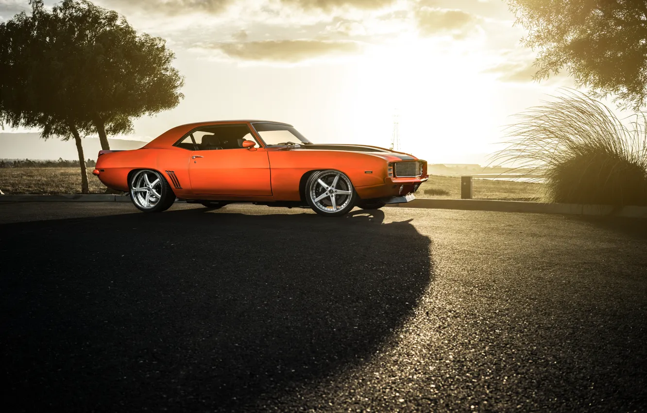 Фото обои Chevrolet, 1969, Camaro, Orange, Front, Sun, Color, Wheels