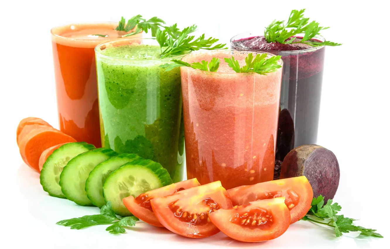 Фото обои зелень, коктейль, овощи, помидоры, огурцы, смузи, моркоаь