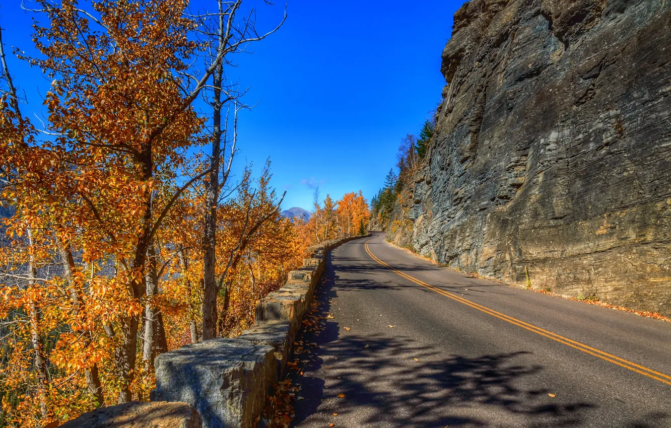Фото обои дорога, осень, небо, деревья, горы