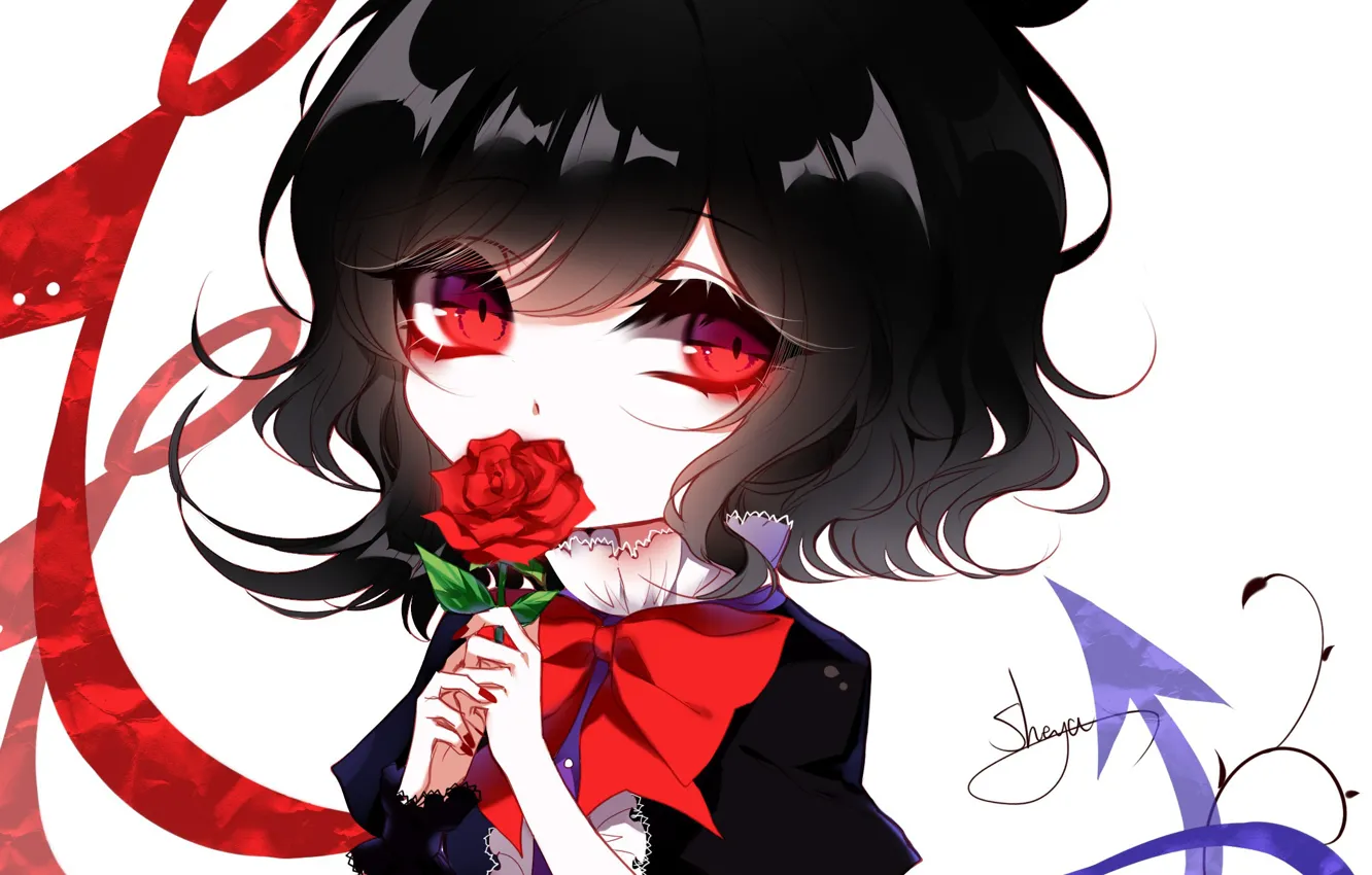 Фото обои цветок, взгляд, роза, девочка, красная роза, Touhou, Тохо, Тоухоу