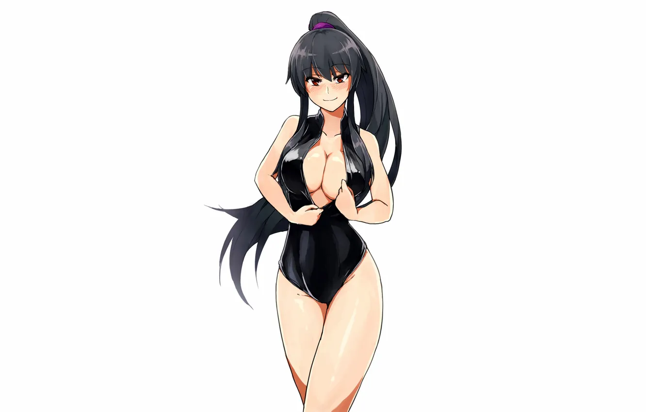 Фото обои girl, sexy, cleavage, long hair, boobs, anime, beautiful, red eyes