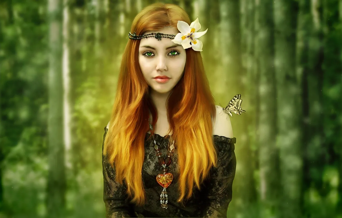 Фото обои flower, nature, blue eyes, butterfly, model, beauty, redhead, outdoors
