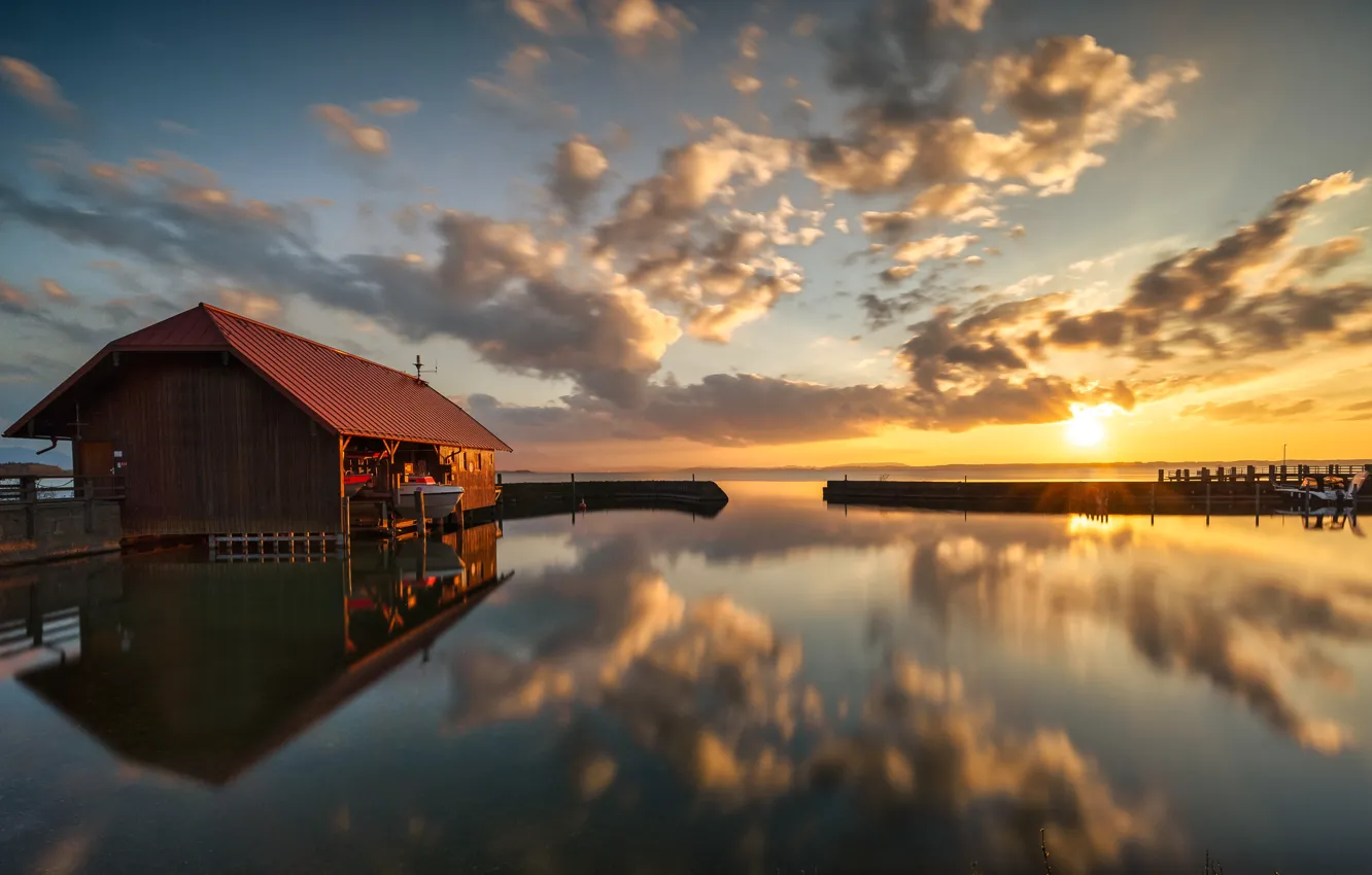 Фото обои закат, озеро, Германия, Бавария, эллинг, Chiemsee