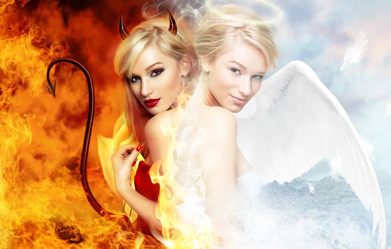 Фото обои девушки, огонь, фотошоп, ангел, демон, фотоарт