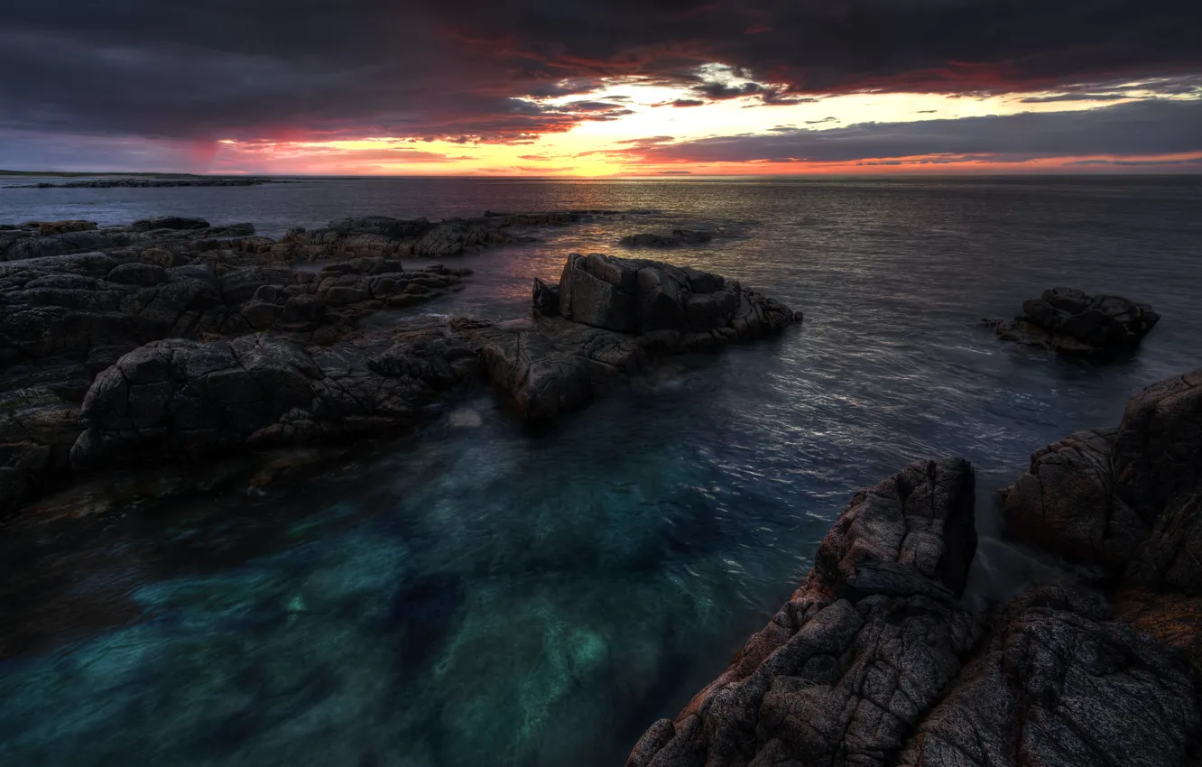 Фото обои море, небо, тучи, скалы, рассвет, Ireland, Donegal