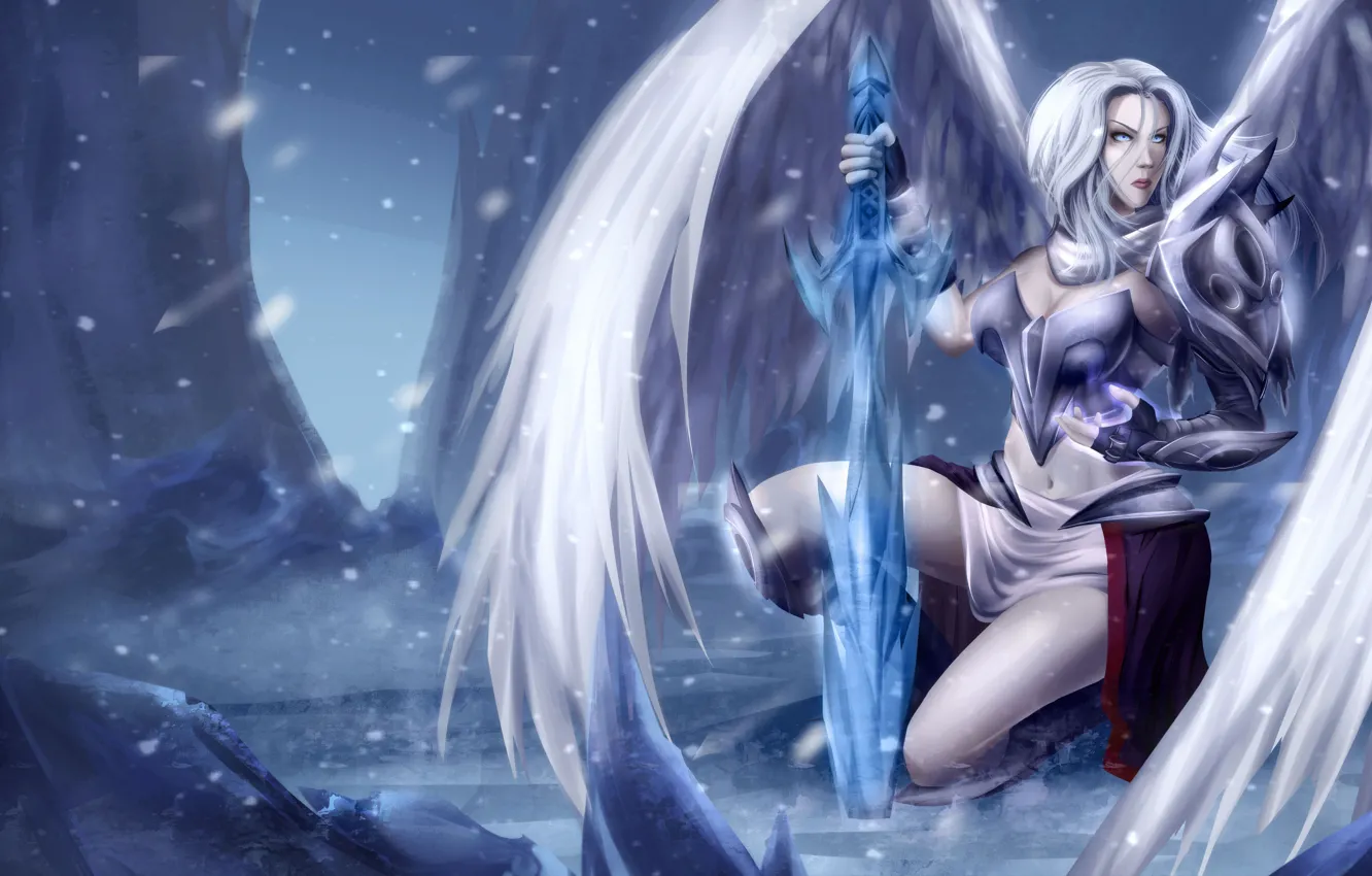 Фото обои девушка, снег, фантастика, крылья, ангел, fantasy