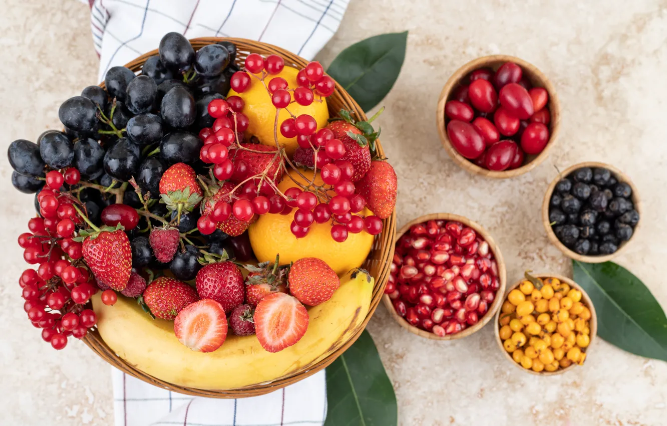 Фото обои ягоды, яблоки, клубника, виноград, фрукты, банан, гранат, голубика