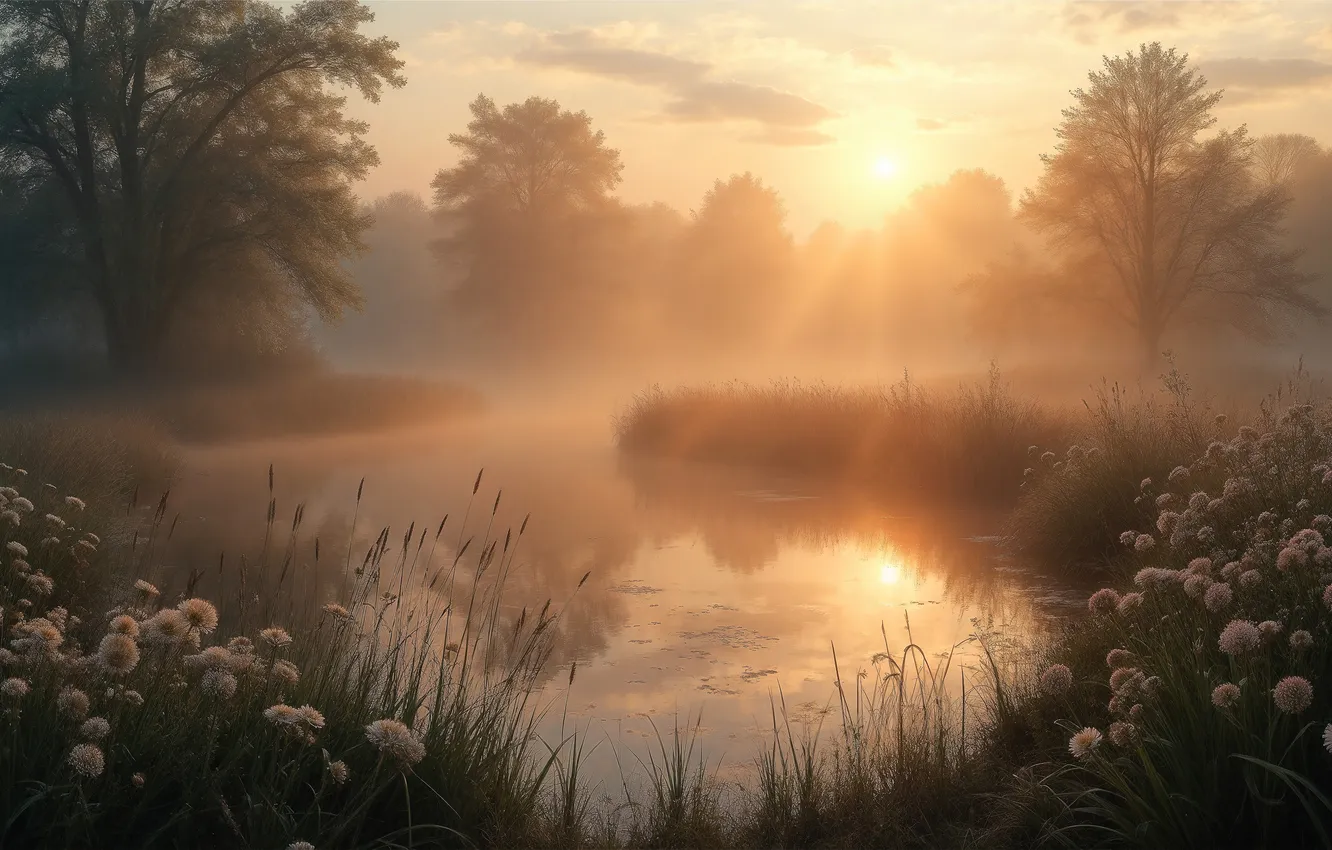 Фото обои лес, трава, облака, лучи, пейзаж, цветы, природа, туман