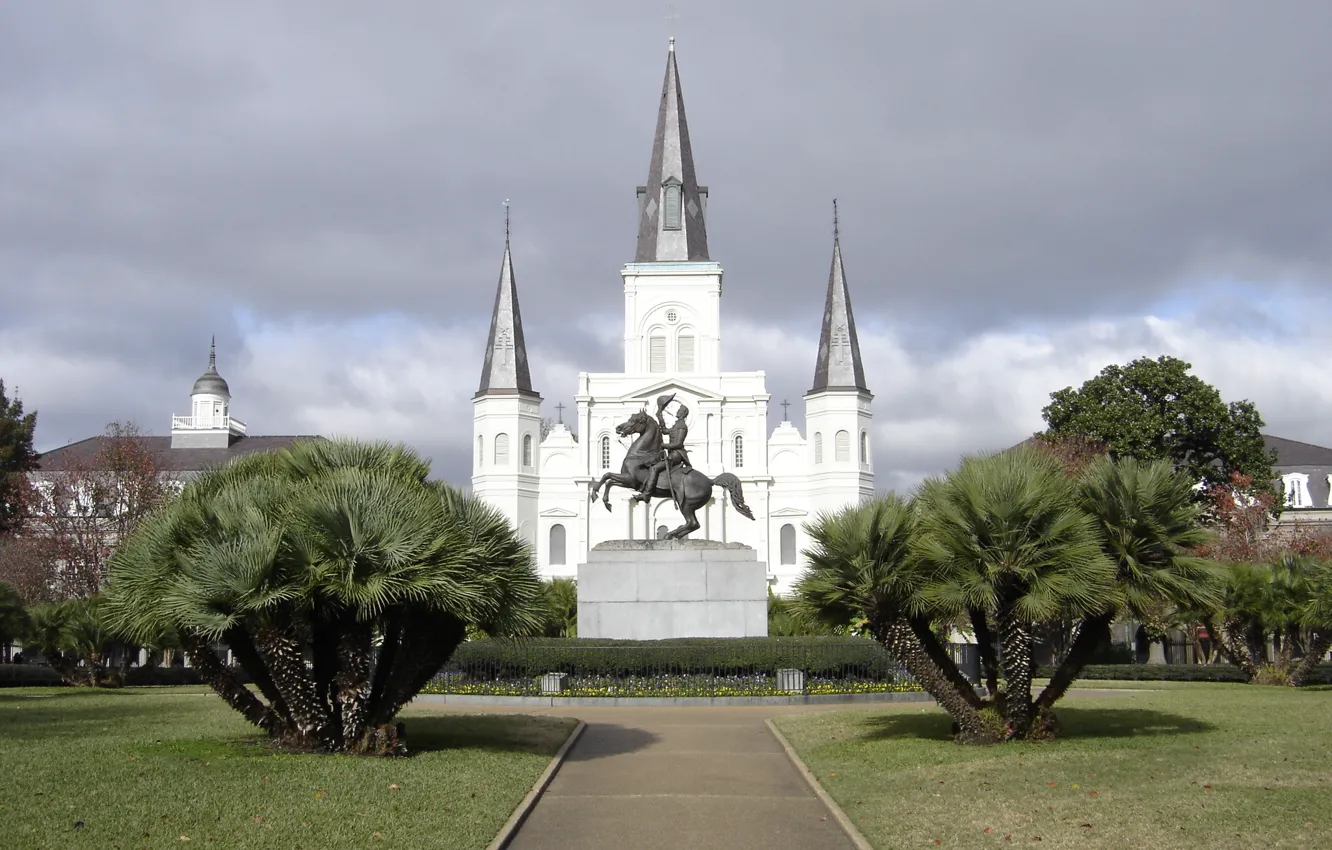Фото обои Cathedral, Confederate, New Orleans, Statue, Louisiana, Andrew Jackson, Andrew Jackson statue, Confederate statue