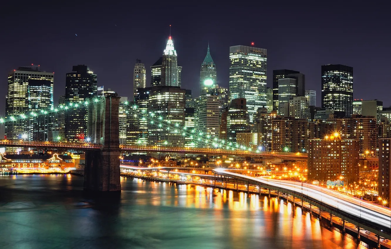 Фото обои ночь, мост, огни, Нью-Йорк, небоскребы, Bridge, night, NYC
