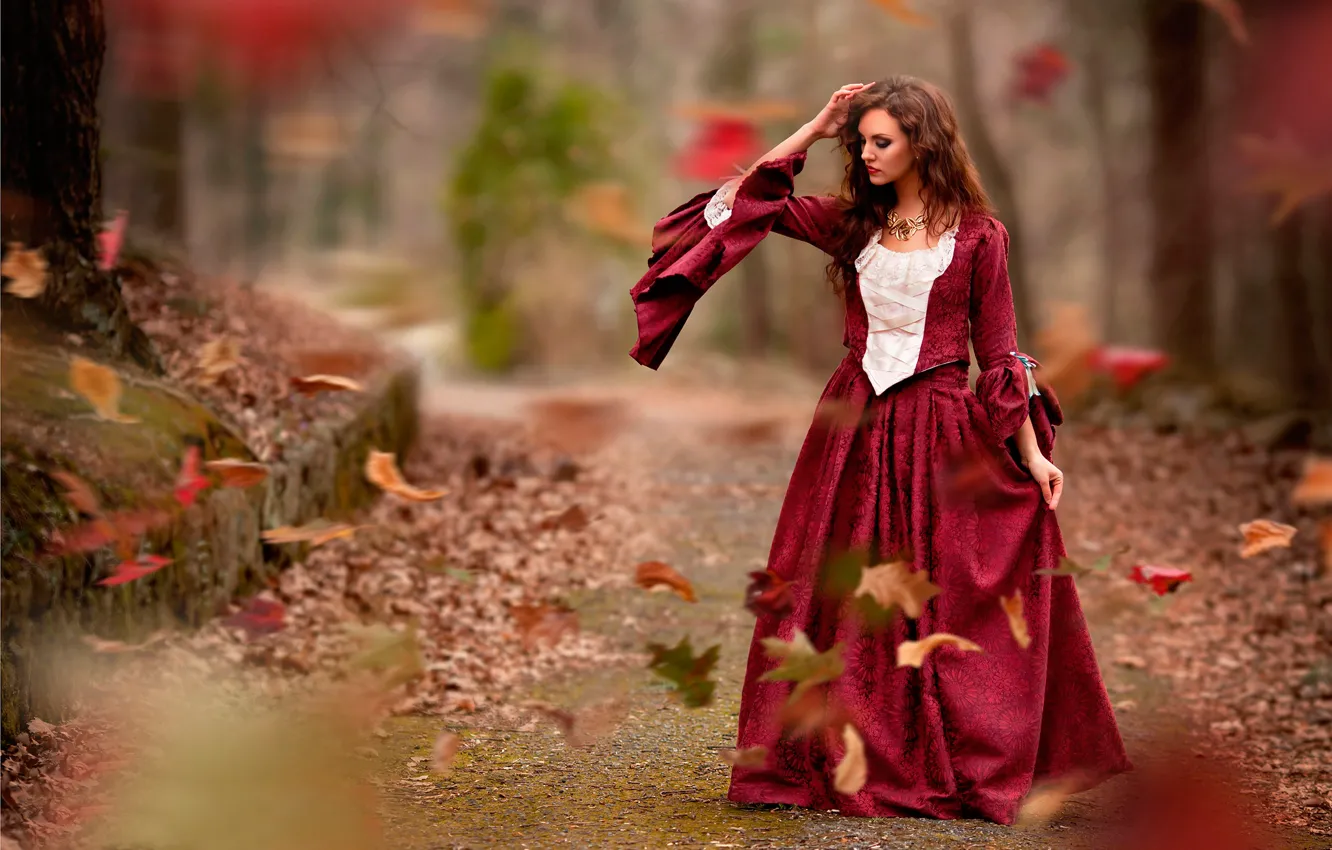 Фото обои осень, листья, девушка, стиль, ветер, платье