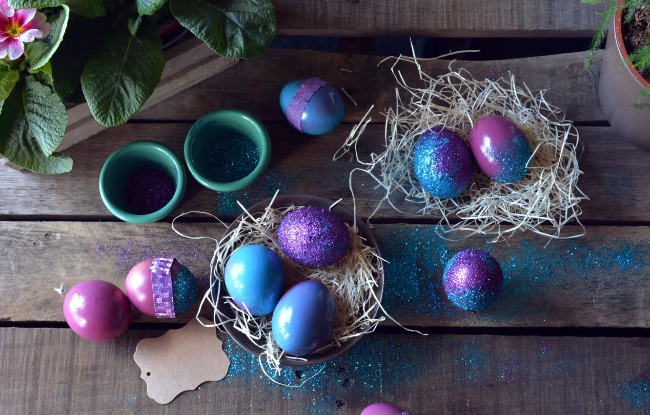 Фото обои праздник, доски, яйца, Пасха, сено, декор, Easter, гнёзда