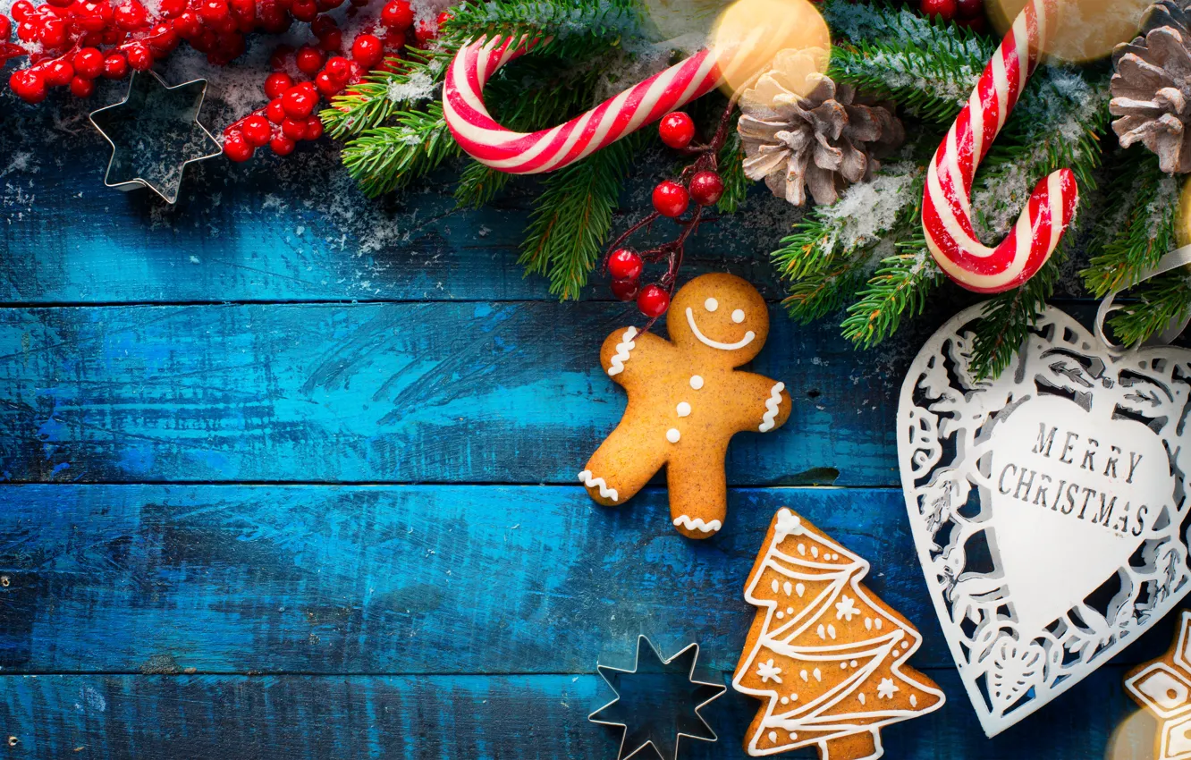 Фото обои украшения, шары, елка, Новый Год, печенье, Рождество, подарки, happy
