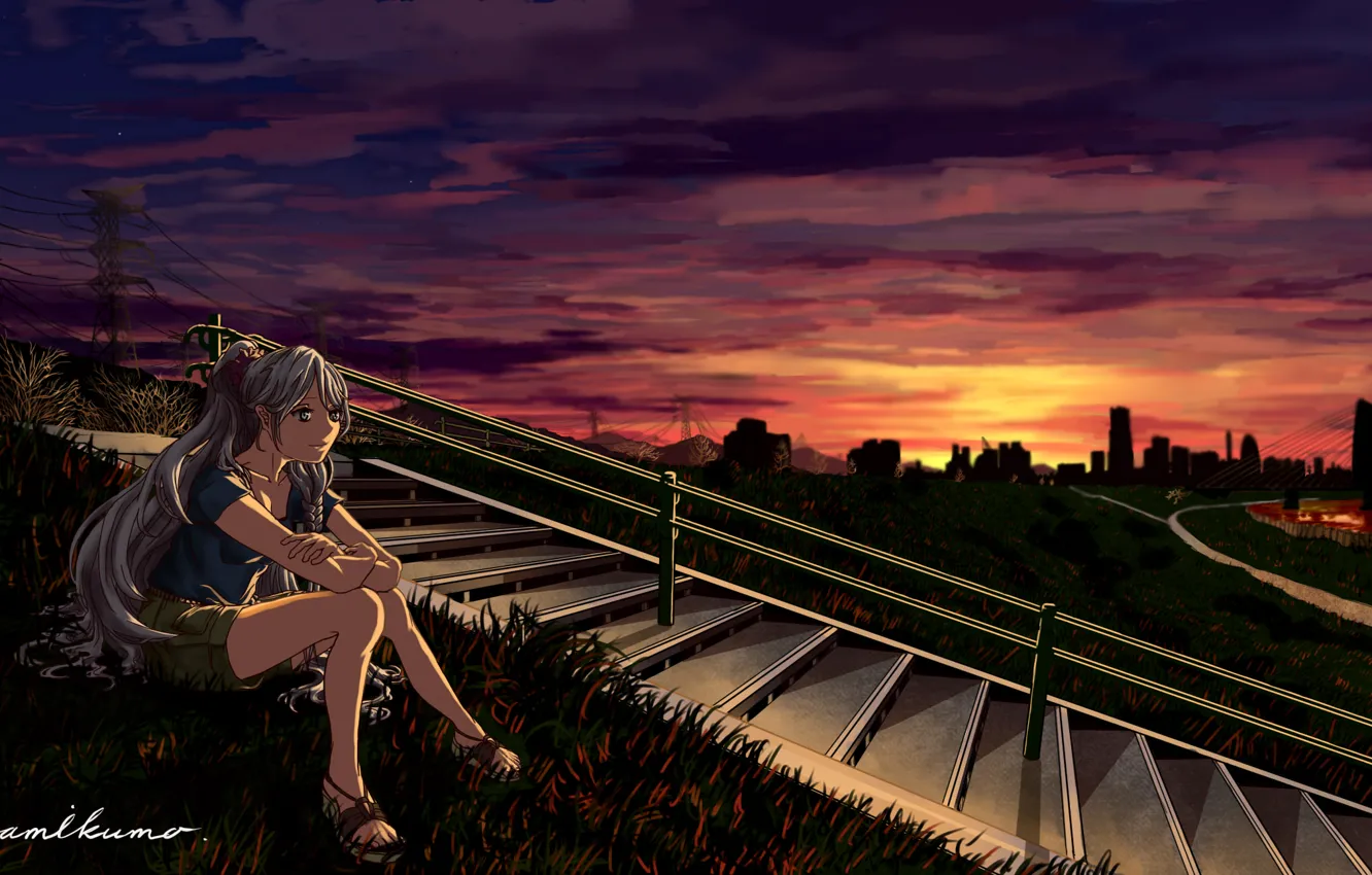 Фото обои трава, девушка, закат, вечер, холм, лестница, перила, ступеньки