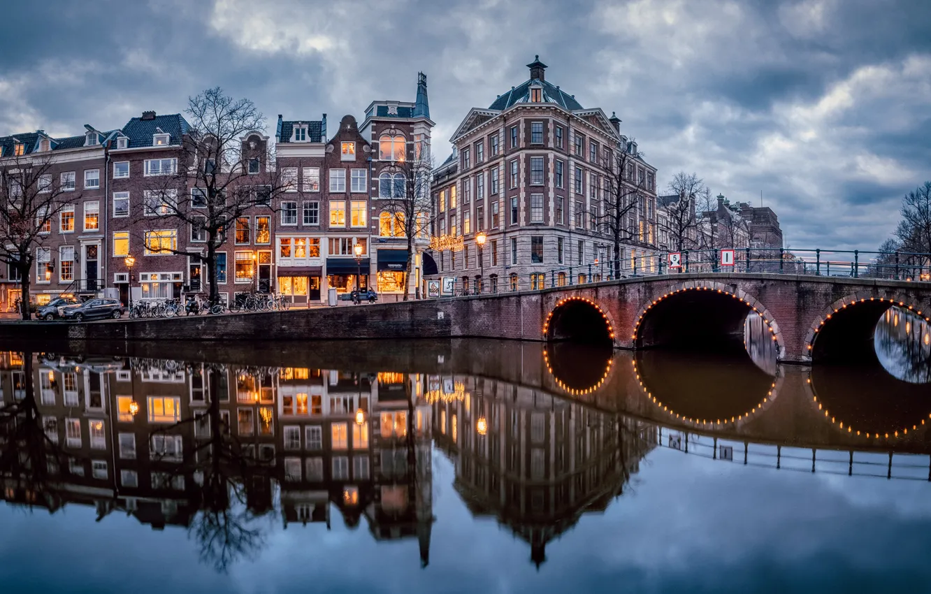 Фото обои мост, отражение, здания, дома, Амстердам, канал, Нидерланды, Amsterdam