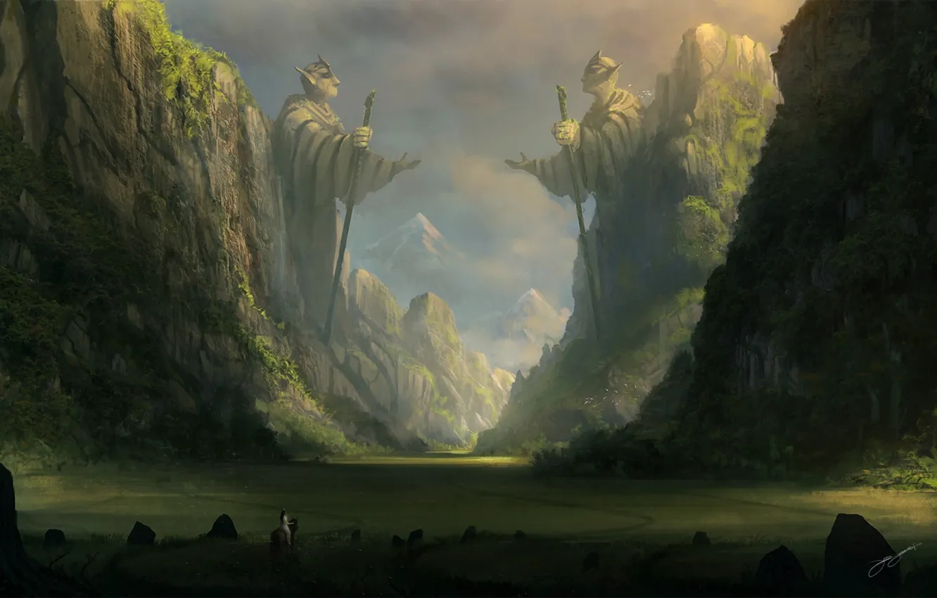 Фото обои горы, камни, скалы, конь, эльф, арт, всадник, статуя