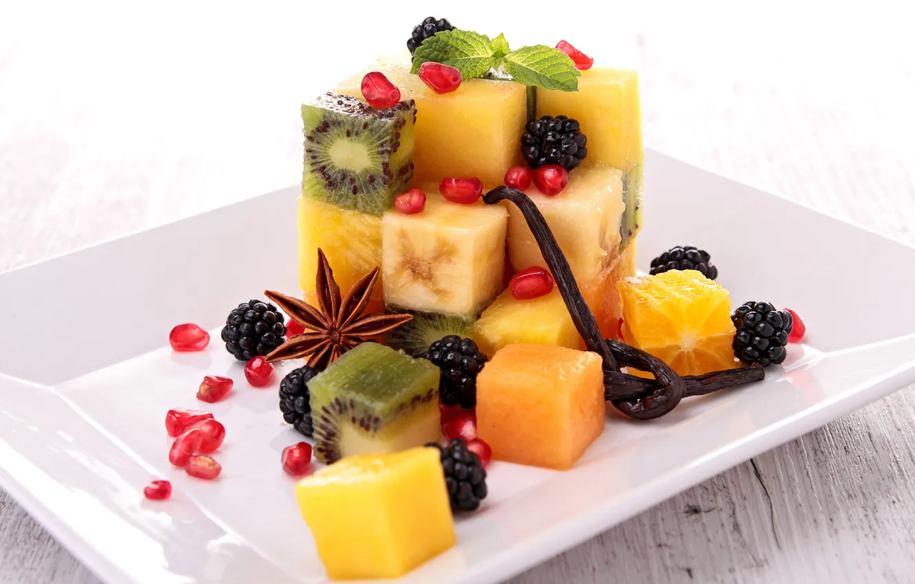 Фото обои ягоды, апельсин, киви, фрукты, манго, банан, ежевика, ваниль