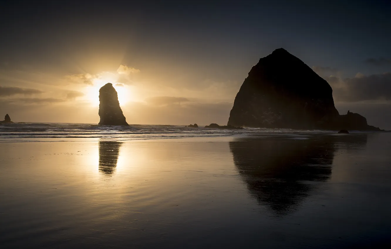 Фото обои пляж, океан, скалы, рассвет, Oregon, Cannon Beach