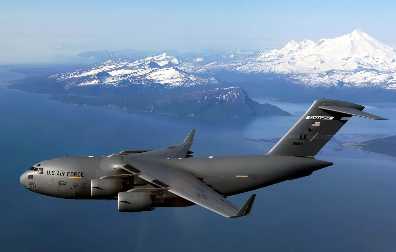 Фото обои Boeing, Alaska, sea, snow, hills, military transport, US air force
