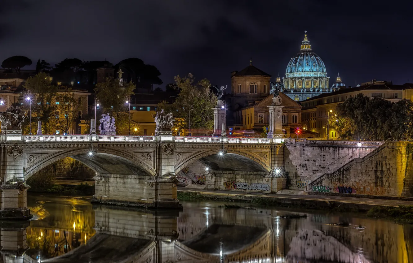 Фото обои ночь, мост, огни, река, Рим, Италия, купол, Собор Святого Петра