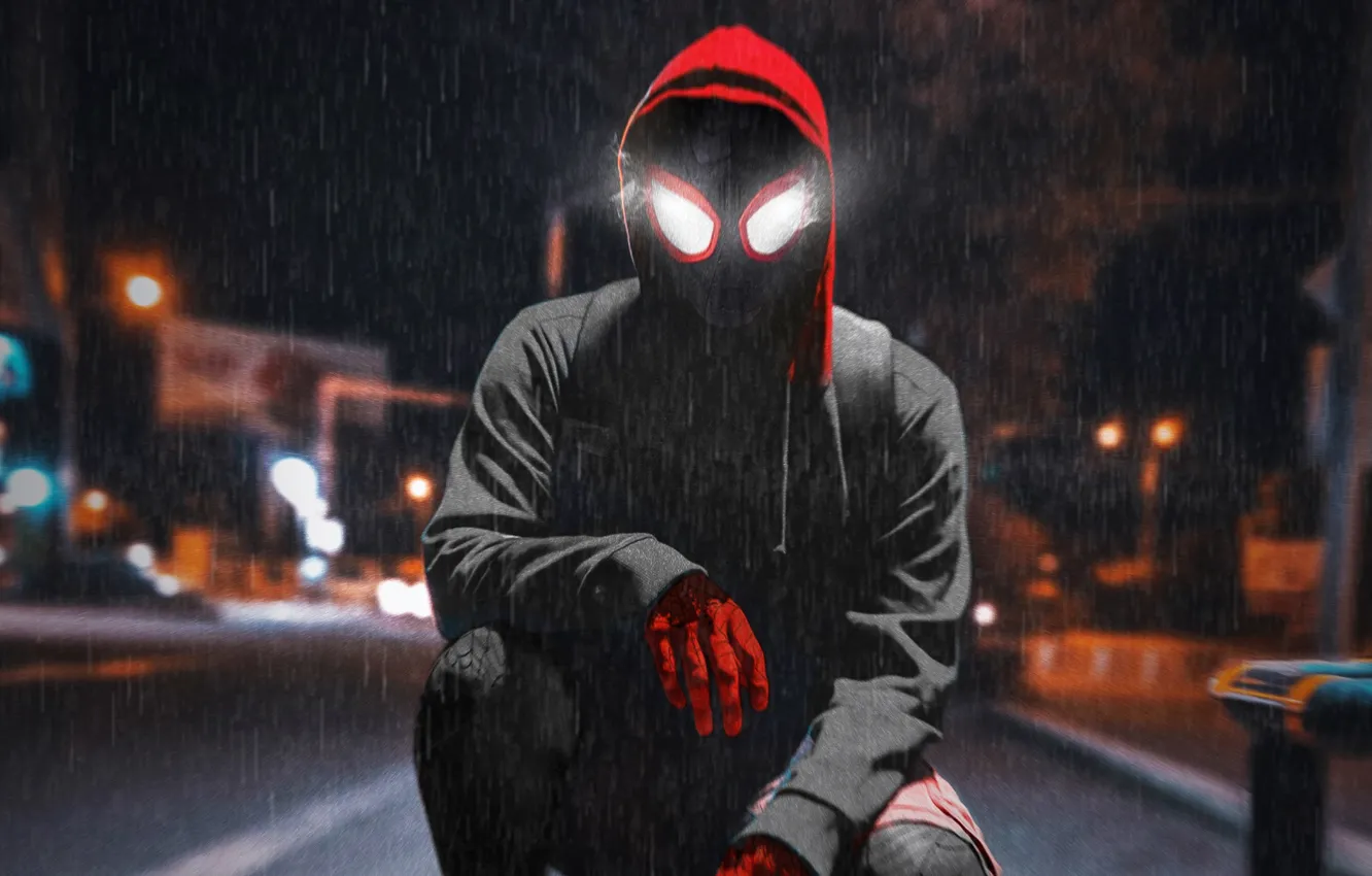 Фото обои ночь, дождь, куртка, человек паук, Spider-Man, Spider-Man Into the Spider-Verse