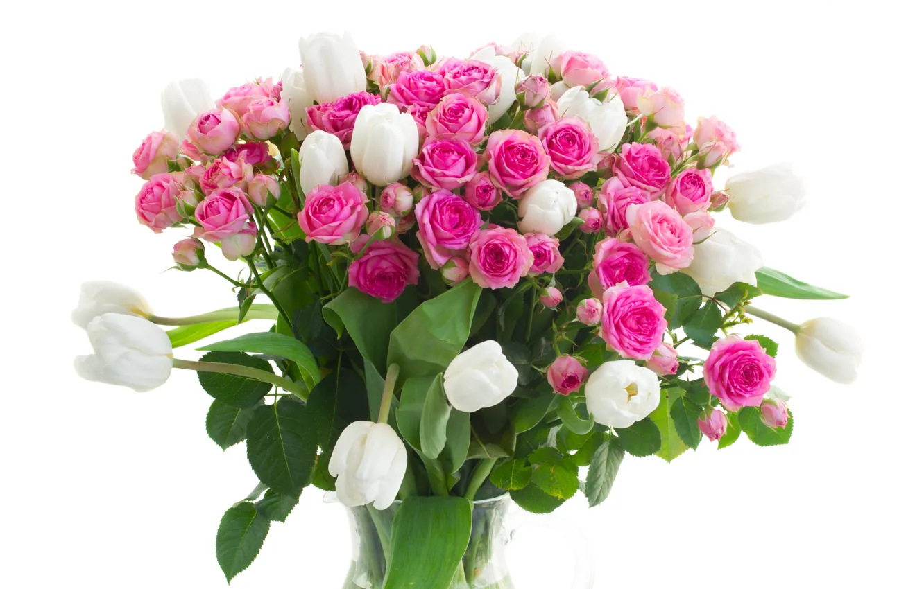 Фото обои цветы, розы, букет, тюльпаны, ваза