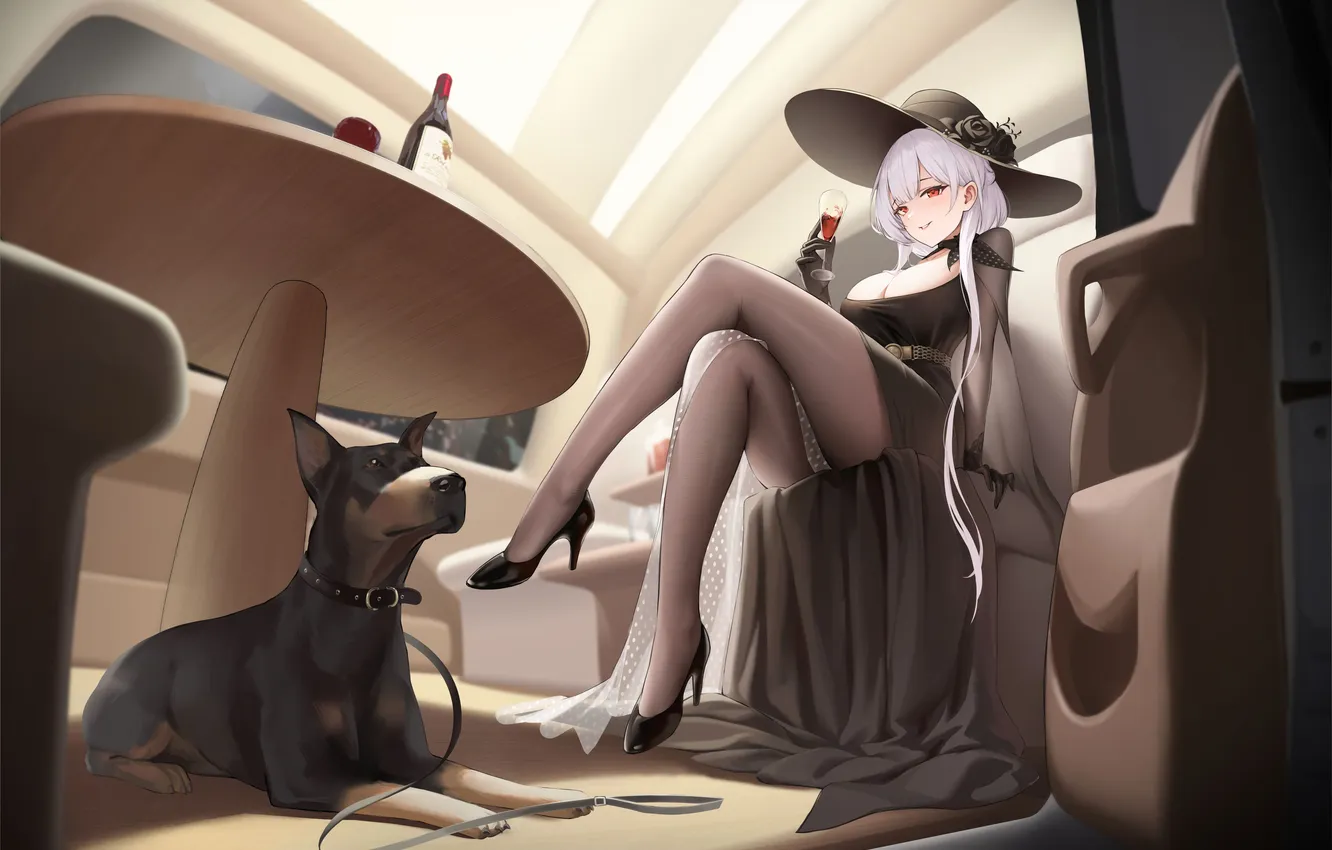 Фото обои бутылка, собака, аниме, блондинка, столик, Красивые ноги, anime, персонажи