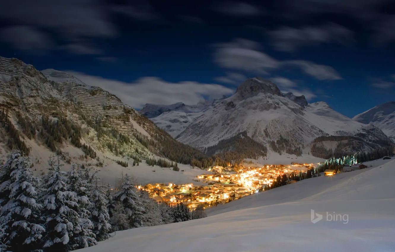 Фото обои горы, ночь, огни, Австрия, деревня, Лех, Лех-ам-Арльберг