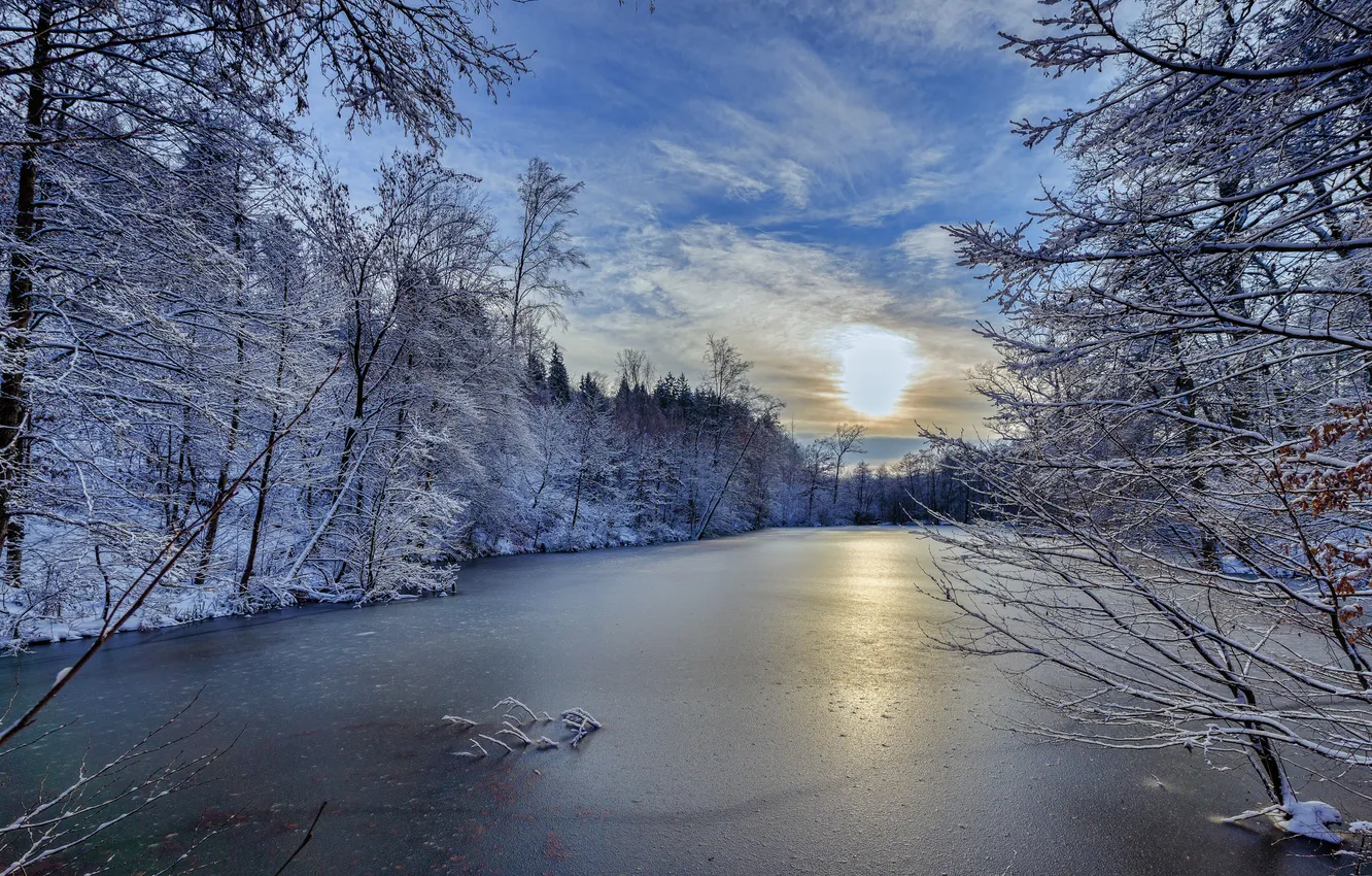 Фото обои зима, река, утро