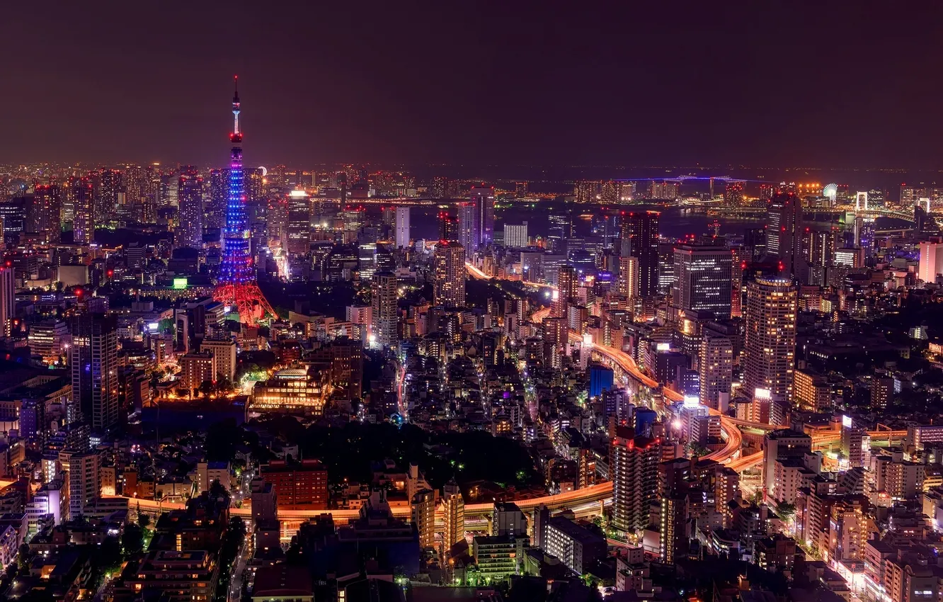 Фото обои ночь, мост, город, огни, здания, дороги, небоскребы, Япония